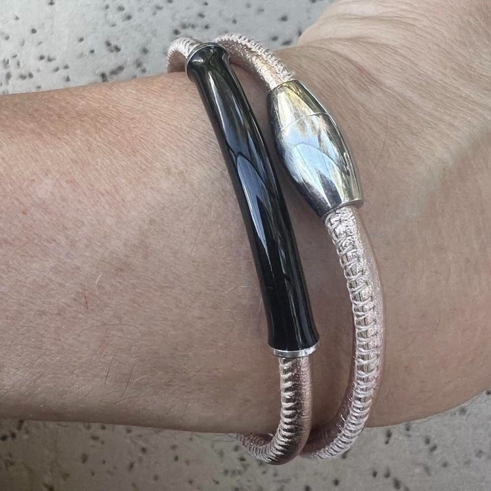 Frosty Copper Leather Wrap Bracelet With Black Enamel Accents